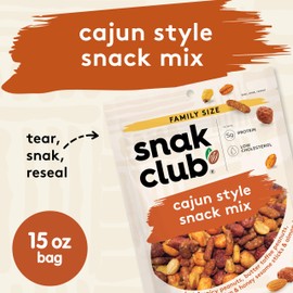Snak Club Cajun Style Snack Mix with Hot and Spicy Peanuts, Butter Toffee Peanuts, Toasted Corn, Cajun and Honey Sesame Sticks, and Almonds, Kosher Trail Mix Snacks, 15 oz Resealable Bag