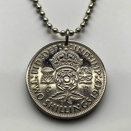 1947 United Kingdom 2 Shillings coin pendant English Tudor rose Scottish thistle Irish shamrock Welsh leek England London Scotland Edinburgh Wales Cardiff Northern Ireland Belfast Manchester n001986