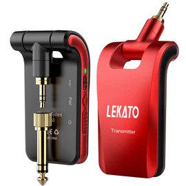 LEKATO 2.4GHz Wireless Guitar System 6 Channels Rechargeable Audio Wireless Transmitter Receiver for Guitar Bass Electric Instruments, Stereo and Mono 1/4” & 1/8” 2 in 1 Plugs (Black&Red)