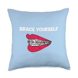 Novelty Stuff By Del Red Lips Dental Orthodontic Brace Yourself Funny Dentist Throw Pillow, 18x18, Multicolor