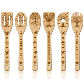 GLOBLELAND 6Pcs Tree of Life Wooden Spoons Utensil Set Bird Bamboo Carving Kitchen Cooking Utensils Wooden Engraved Cooking Spatula Set for Kitchen Fun House Warming Gift
