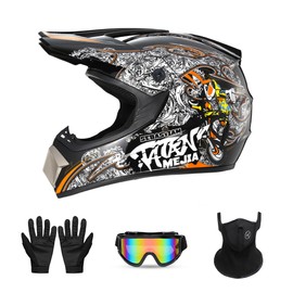 Motorcross Helmet, Off-Road Dirt Bike Helmet, ATV Helmet, Youth Motorcycle Helmet, Unisex Full-face Helmet, Comfortable and Lightweight, FMVSS-218 Safety Certified, 4 Piece Set (Small, White Magic)