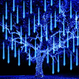 TW SHINE Christmas Meteor Shower Lights Outdoor, 864 LED 12" 24 Tubes Waterproof Christmas Lights Outdoor Plug in, Snow Falling Rain Icicle Xmas Lights Decorations, Blue