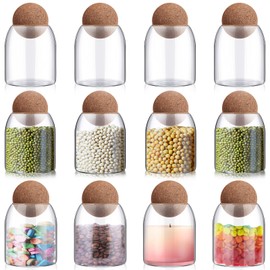 Suclain 12 Pcs Glass Jars with Cork Ball Lid Food Storage Containers Clear Wood Cork Bottle Candy Jars 17 Oz/500ml Coffee Canister for Beans Nut Sugar Decorative Kitchen Storage Organizer