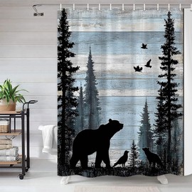 BCNEW Rustic Cabin Bear Forest Shower Curtain Polyester 70×70 Inch
