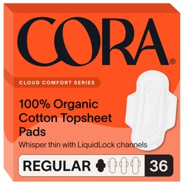 Cora 100% Organic Cotton Top Pad | Ultra Thin Period Pads with Wings | Regular Ultra-Absorbent Sanitary Pads for Women (36-Count)