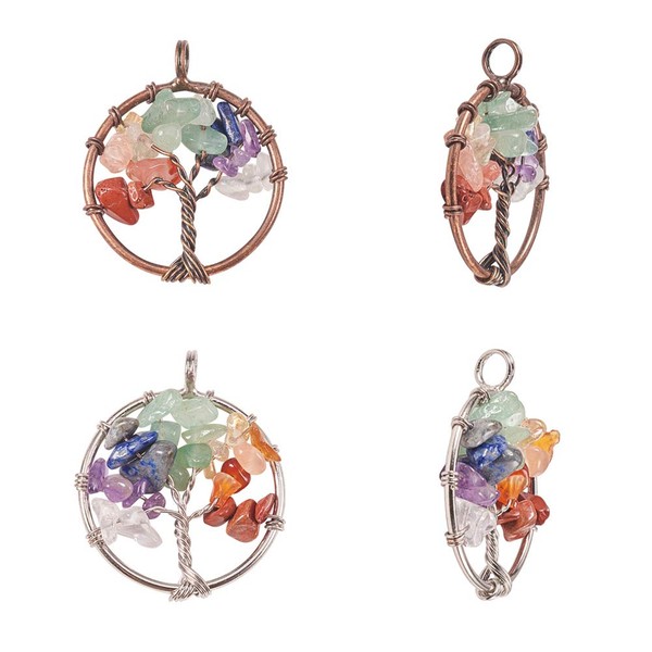 PandaHall 4 Pieces Tree of Life Pendant Charm Gemstone Chakra Crystal Stone Pendant for Necklace Earring Necklace Jewellery Making (Platinum, Red Copper), Stone Platinum Copper