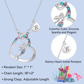 LINY Cute Heart Letter Mermaid Necklace Initial Mermaid Jewelry Mermaid Gifts for Daughter Granddaughter Niece Birthday Back to School Gift (Silver, Letter R)
