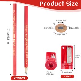 Pack of 20 Carpenter's Pencils, 175 mm Red Pencil, Construction Site, Oval Hard Thick Pencils Set with Pencil Sharpener for Craftsmen Drawing Scribing Marking, Black Thick Core