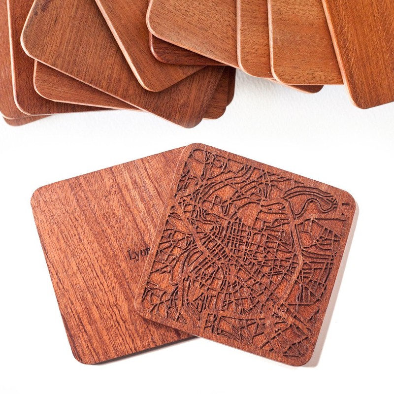 Lyon Map Coaster, Set of 4, Sapele Wooden Coaster with