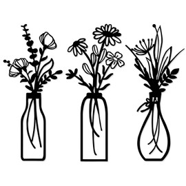 Viitech 3 Pcs Metal Flower Wall Decor, Black Minimalist Vase Metal Wall Art, Flower in Vase Wire Wall Hanging Decor for Home Bedroom Kitchen Living Room