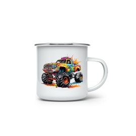 MAXIKIWI - Langlebiger Emaille-Kaffee- oder Teetasse für den Innen- und Außenbereich – Monstertruck – 350 ml