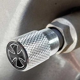 Tricktoppers Polished Silver Billet Knurled Aluminum Tire Wheel Valve Stem Dust Caps for Cars Trucks Trailers SUV's RV's Motorcycles Bikes (Set of 4) Black White Iron Maltese Cross