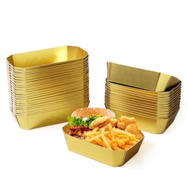 50 PCS Large Paper Food Boats Disposable Gold Paper Food Trays Waterproof Heavy-Duty Paper with Film Food Serving Boat Tray Basket for Fries Sandwiches Burgers Hot Dogs Taco BBQ Popcorn Picnic