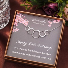 AnotherKiss 50th Birthday Gifts for Women, Sterling Silver 5 Circle Necklace for Her, 5 Rings for 5 Decades Jewelry Gift Ideas
