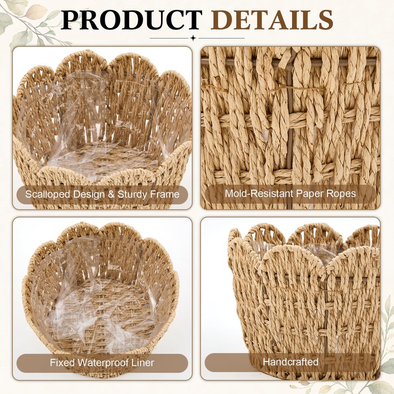 Lounsweer Scalloped Paper Rope Planter Basket Set of 3, Wicker