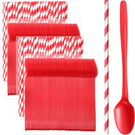 Potchen 200 Sets/400 Pcs 8.27 Inch Disposable Red Plastic Long Spoon and Red Paper Straws Heavy Duty Plastic Utensils Party Supply for Ice Cream, Milkshakes, Stirring Cocktails and Tall Ice Beverages