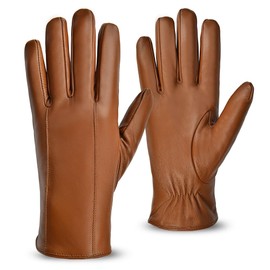 MGGMOKAY Men's Real Leather Gloves with Warm Cashmere Lining, Camel