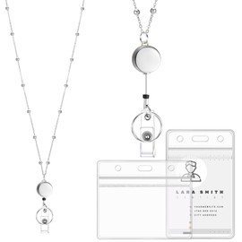 Prudiut Lanyards for Id Badges Stainless Steel Badge Lanyard with 2 Pcs Waterproof Badge Holder Retractable Badge Lanyards Teacher Lanyard for Cruise Ship Key Cards Id Badges (Sliver)