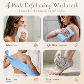 4 Pack Exfoliating Washcloth Towels, Extra Long Back Scrubber for Shower