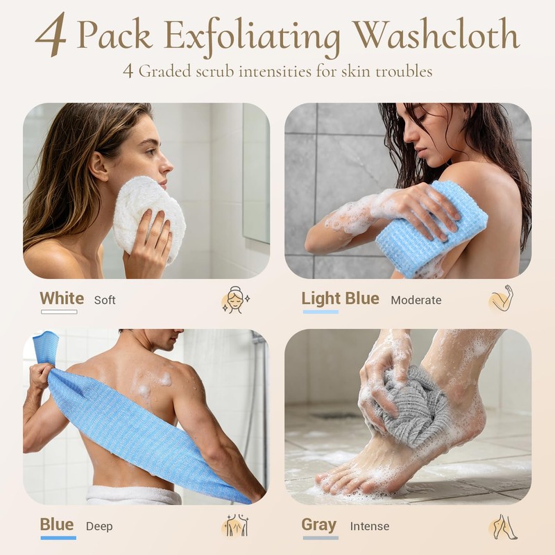 4 Pack Exfoliating Washcloth Towels, Extra Long Back Scrubber for