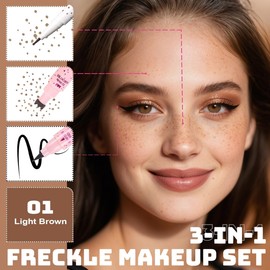 Prreal 2 in 1 Eyeliner Freckle Pen, 2PCS Freckle Stamp and Black Liquid Eyeliner, Natural Lifelike Freckles Makeup, Soft Dot Pen Magic Fake Freckles Waterproof Longlasting,Light Brown