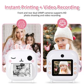 AURTEC Instant Camera for Kids, Mini Thermal Printing Camera, No Ink Required, 48MP Dual Camera,1080P HD Video, 32G TF Card, 3 Print Paper, 2.4 Inch Color Screen, Cute Animal Cartoon Design, Rabbit