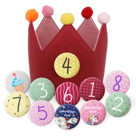 Sugeru Muslin Birthday Crown with Numbers, Boys’, Girls’, Children's Birthday Party Decoration, Party Hat, with Number Buttons from 1–8, Red