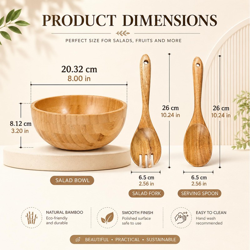 2 Sets Wood Salad Bowl with Spoons Forks, Large Natural