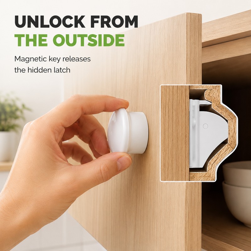 Invisible Magnetic Cabinet Safety Lock with Adhesive Mount & Key