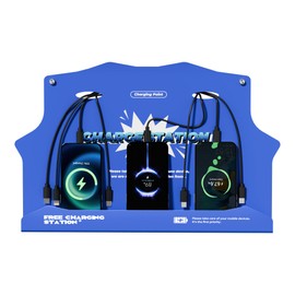 Wall Mounted Cell Phone Charging Station with 8-Port High-Speed Cables – Universal Dock for Apple, Type-C & Android Devices – Ideal for Airports, Hotels, Malls, Offices, Schools (Blue)