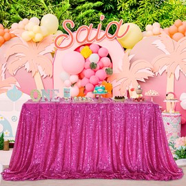 QueenDream Tablecloth Hot Pink Birthday Decorations: 90x90 Inch Sequin Tablecloth Drapes Glitter Fabric Wedding Party Table Overlay