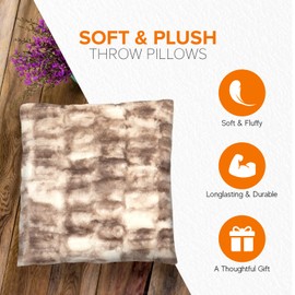 Cheer Collection Decorative Faux Fur Throw Pillow Set of 2 with Inserts for Couch, Beds, Bedroom and Living Room – Luxuriously Soft Bamboo Design Accent Pillows – 18” x 18”, Marble Brown