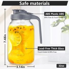 WEILAIDI 32 oz Glass Pitcher with Lid, 1 Quart Breastmilk Pitcher Double Leak Proof, Wide Mouth Jar with Flip Cap Lid, Heavy Duty Container for Water, Juice, Milk, Tea, Iced Coffee, and Drinks（Grey）