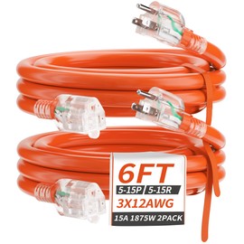 PlugSaf 6 FT 2 Pack 12/3 Gauge Heavy Duty Outdoor Extension Cord Waterproof with Lighted, Flexible Cold Weather 3 Prong Electric Cord Outside, 15A 1875W 125V 12AWG, Orange, ETL Listed