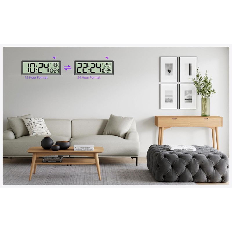 14" Large Digital Wall Clock Battery-Operated with Temperature, Date, DST