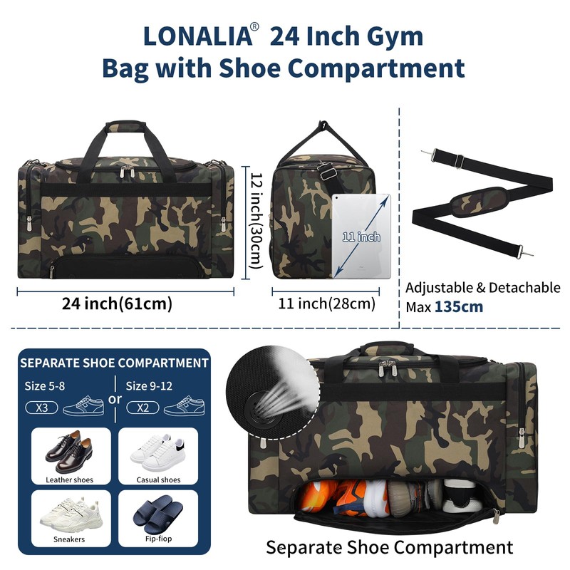 LONALIA 24 inch Gym Duffle Bag with Shoe Compartment -