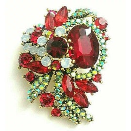 unsigned GORGEOUS Swirl FLOWER Red JEWEL Green Christmas Gift Necklace Pendant Brooch