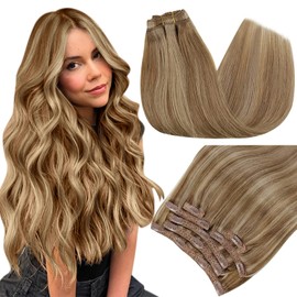 RUNATURE Blonde Clip Extensions, Real Hair Dark Blonde with Golden Blonde Straight Hair Clip-In Hair Extensions, Long Real Hair Clip-in Extensions Natural, 120 g #10P16, 40 cm