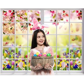 CHAIYA 10X8FT Spring Photography Backdrop Easter Backdrop Window Green Grass Colorful Eggs Photography Background Floral Bunny Decoration Easter Backdrop Spring Easter Photography Backdrop CY-302