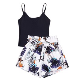 SOLY HUX Women's 2 Piece Outfits Summer Cami Top with Shorts Set Black Tropical Leaf M