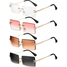 4 Pairs Rimless Rectangle Sunglasses Frameless Square Glasses Vintage Transparent Eyewear for Women Men, Colores frescos, adult size