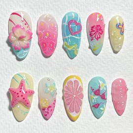 Summer Press on Nails Short Almond with 3D Flower Starfish Seashell Designs Fake Nails Press ons Beach False Nails Pearl Acrylic Glue on Nail Full Cover Artificial Cute Stick on Nail for Women 30Pcs