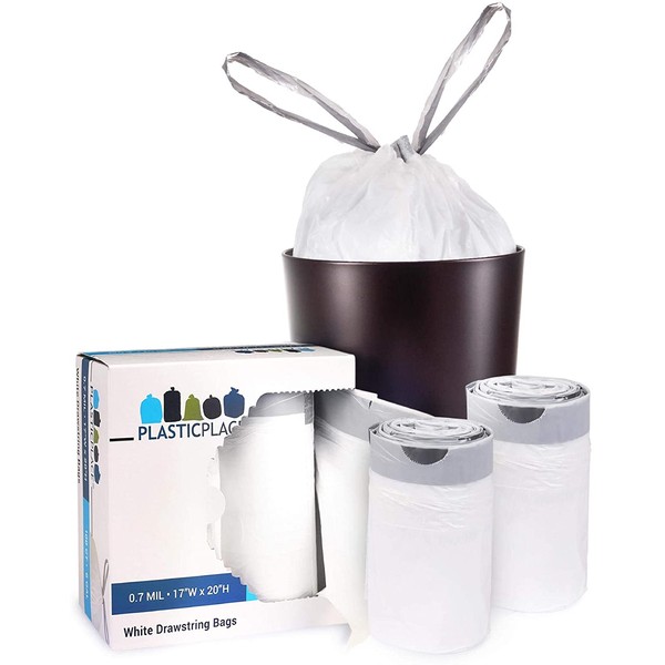 Plasticplace 6 Gallon Trash Bags │ 0.7 Mil │ White Drawstring Garbage Can Liners │ 17" x 20" (100 Count)