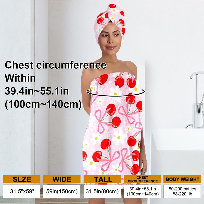QIULIBMH Cherry Print Bath Wrap with Matching Hair Drying Cap