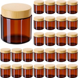 Geiserailie 30 Pcs 3.5oz Glass Jars with Plastic Wood Grain Lids Leakproof Airtight Empty Cosmetic Jars Sample Containers for Storing Lotions Powder Ointments Candle Making (Amber)