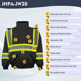 JHPAZUJA High Visibility Winter Safety Jackets for Men Waterproof-Warm Reflective Jackets Fleece Lining for Work Construction（JW01Black,M