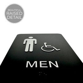 Men And Women ADA Restroom Black Signs / 6" x 9" Male And Female Dark Bathroom Sign Set With Braille And Handicap Symbol/Professional Black And Silver Design Business Sign/Made In The USA