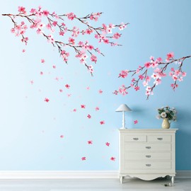 DECOWALL DS12-2003P1903 Watercolor Cherry Blossoms Kids Wall Stickers Wall Decals Peel and Stick Removable Wall Stickers for Kids Nursery Bedroom Living Room