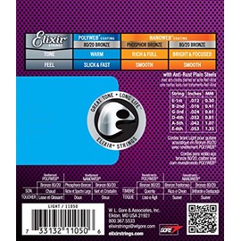 Elixir Elixir Strings, Acoustic Guitar Strings, 80/20 Bronze with POLYWEB Coating, Longest-Lasting Warm Tone with Comfortable Feel, 6 String Set, Light 12-53